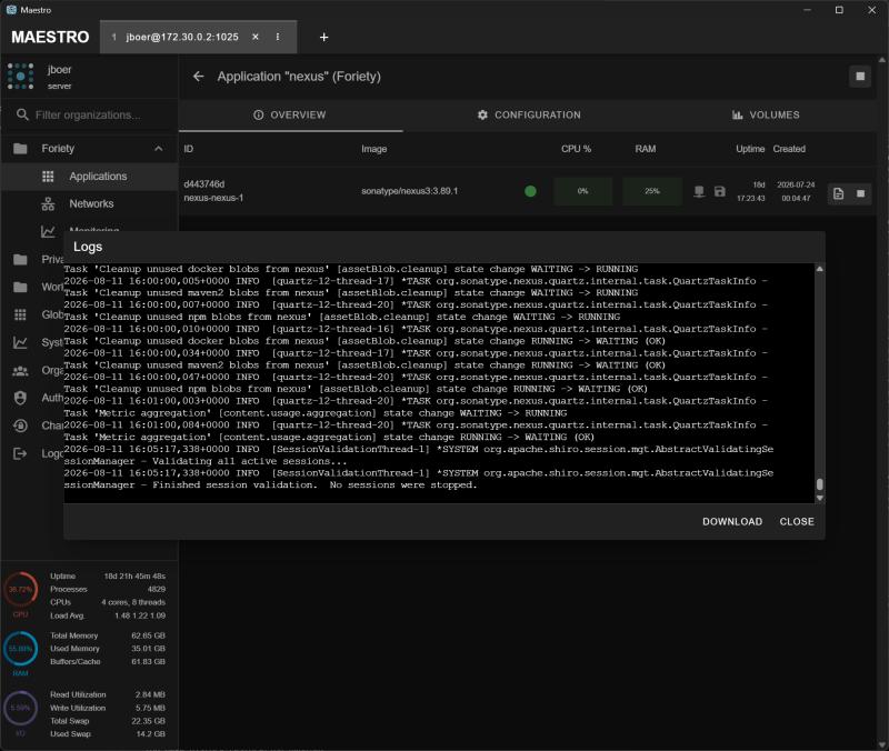 Maestro showing application navigation, a running Nexus container, live Docker logs and host metrics